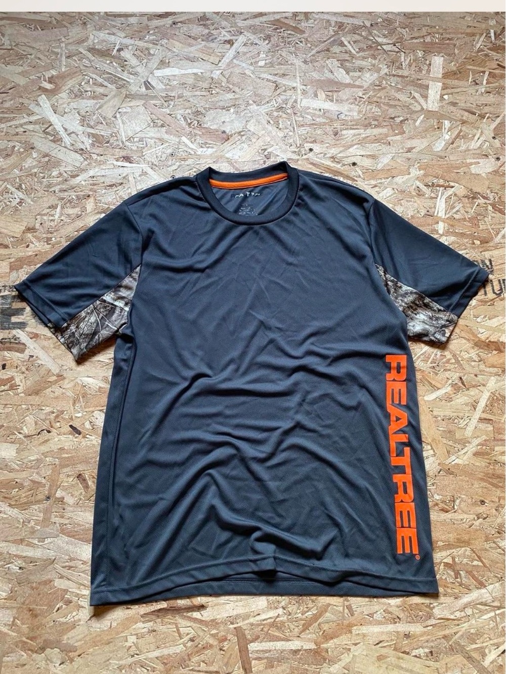 Realtree Grey Short-Sleeve Performance Tee with Orange Logo and Camo Accents